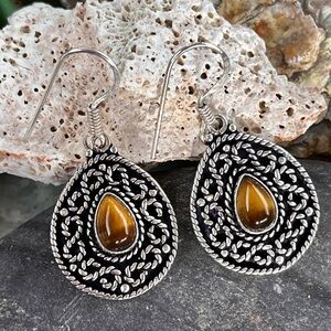 Dainty Teardrop Natural Tiger’s Eye Sterling Silver 1.3” Earrings